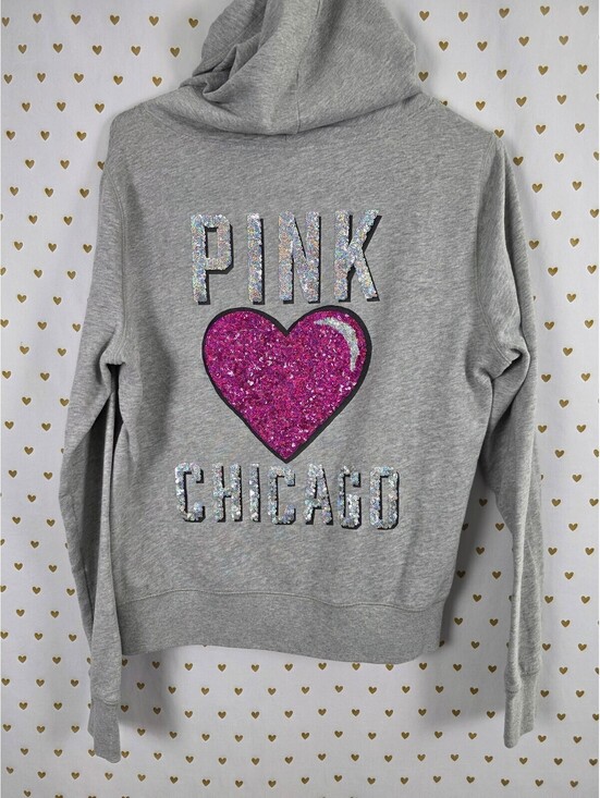 PINK Victoria's Secret Tops - Victorias Secret Pink CHICAGO Bling Heart Sequined Full Zip Hoodie Jacket LARGE